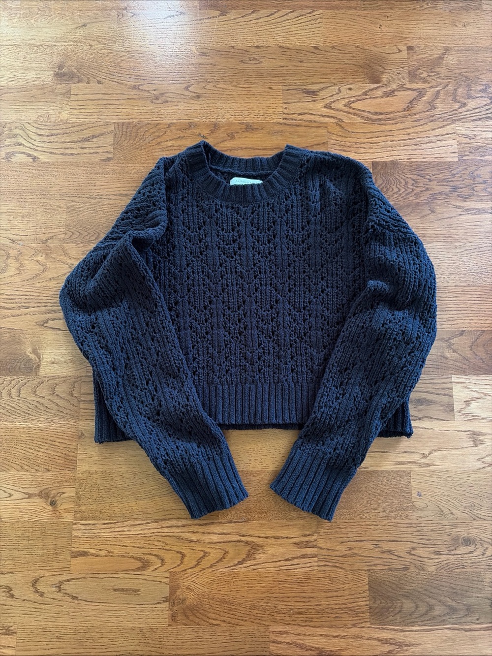 American Eagle Sweater Knit Pullover Black  XS Soft Pointelle Chenille Crew Crop